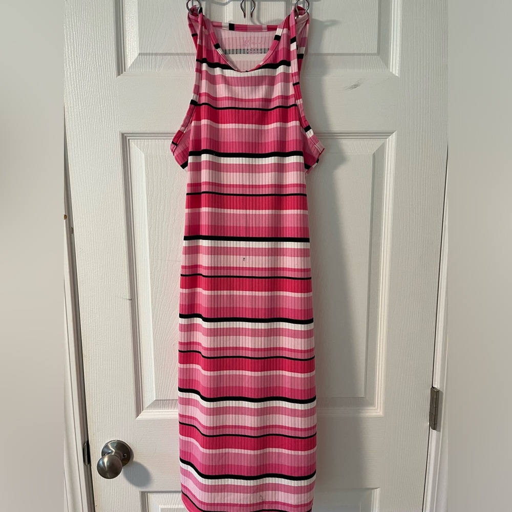 White, pink and black striped bodycon dress.